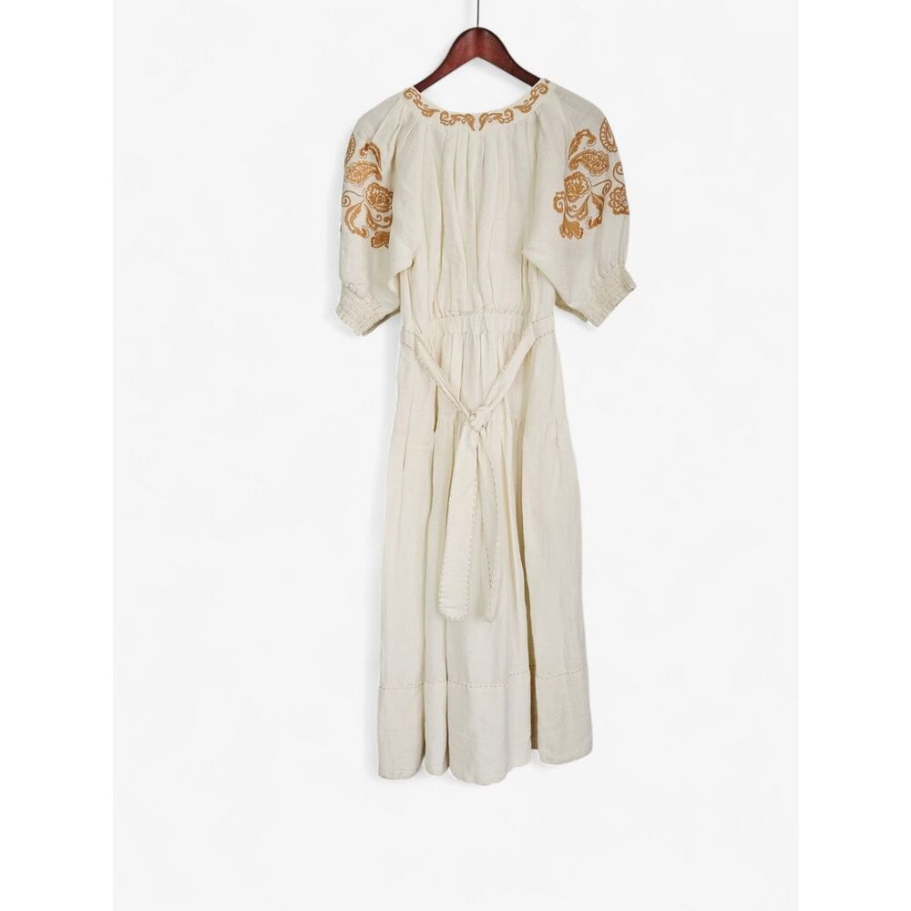 Cartolina Lizette Linen Blend Embroidered Belted Puff Sleeve Ivory Midi Dress M - Picture 6 of 16